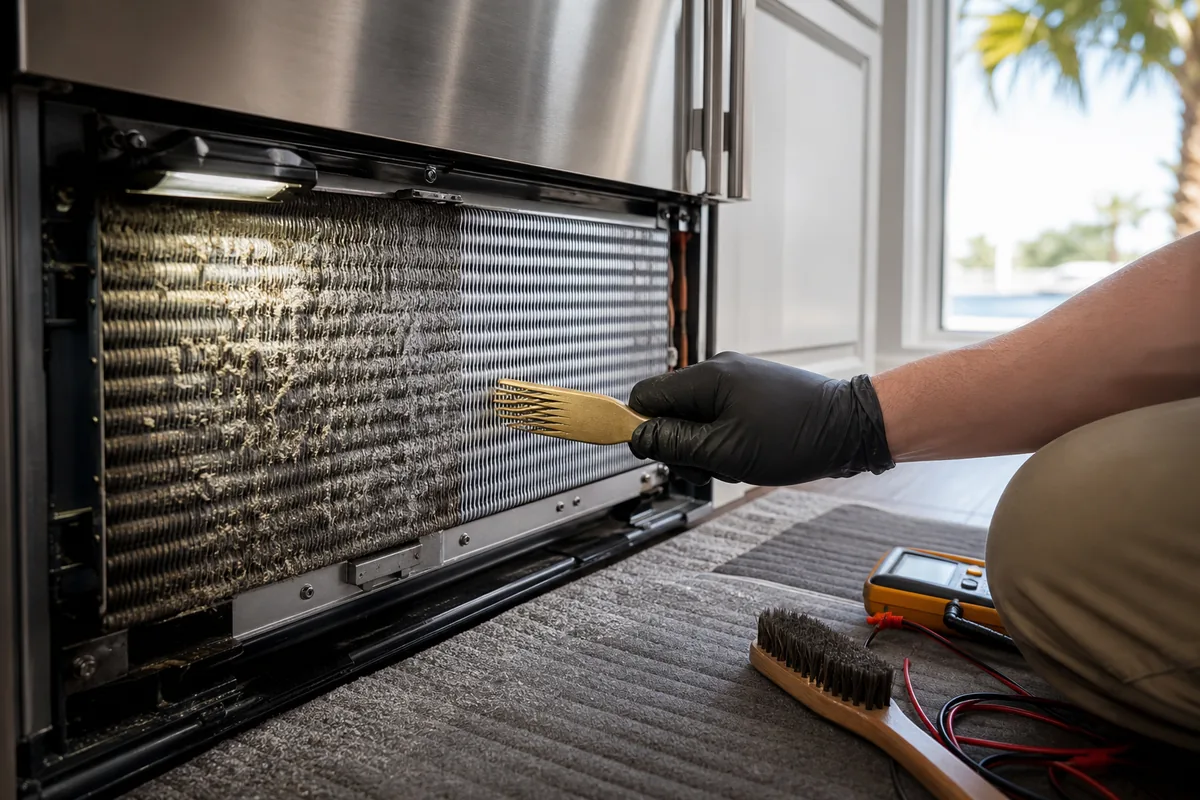 Salt-corroded condenser coil on an Amelia Island Sub-Zero before a deep cleaning